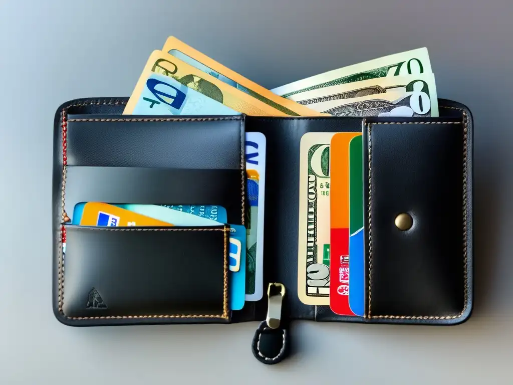 Billetera de viaje moderna con múltiples divisas Wallet de viaje moderno con monedas de varios países y consejos para viajeros maduros