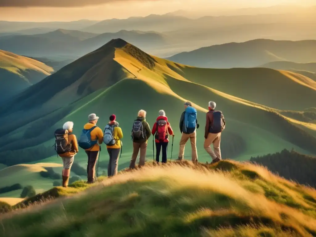 Excursión de montañismo para adultos mayores Excursión de senderismo para adultos mayores en montaña majestuosa