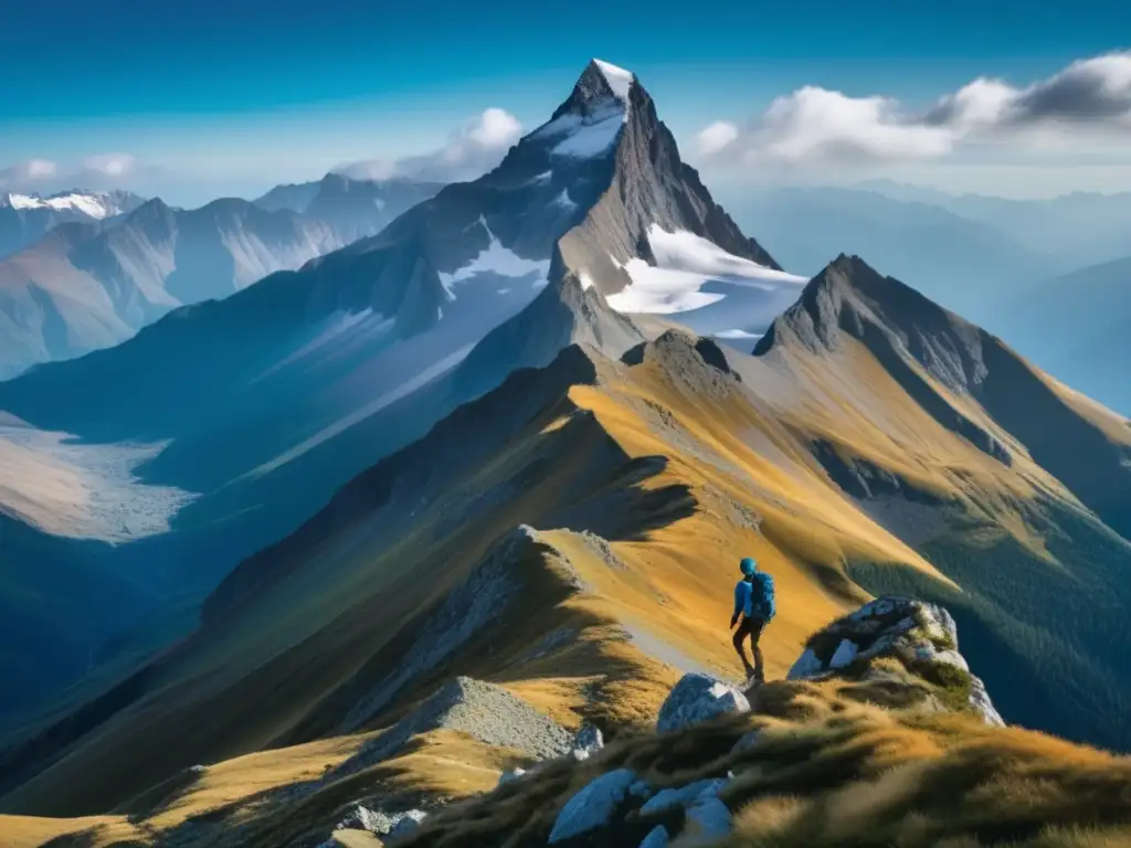 Impresionante paisaje de montaña con pico nevado y hiker Preparación para viaje médico en altitud, paisaje montañoso con pico nevado, hiker admirando vista