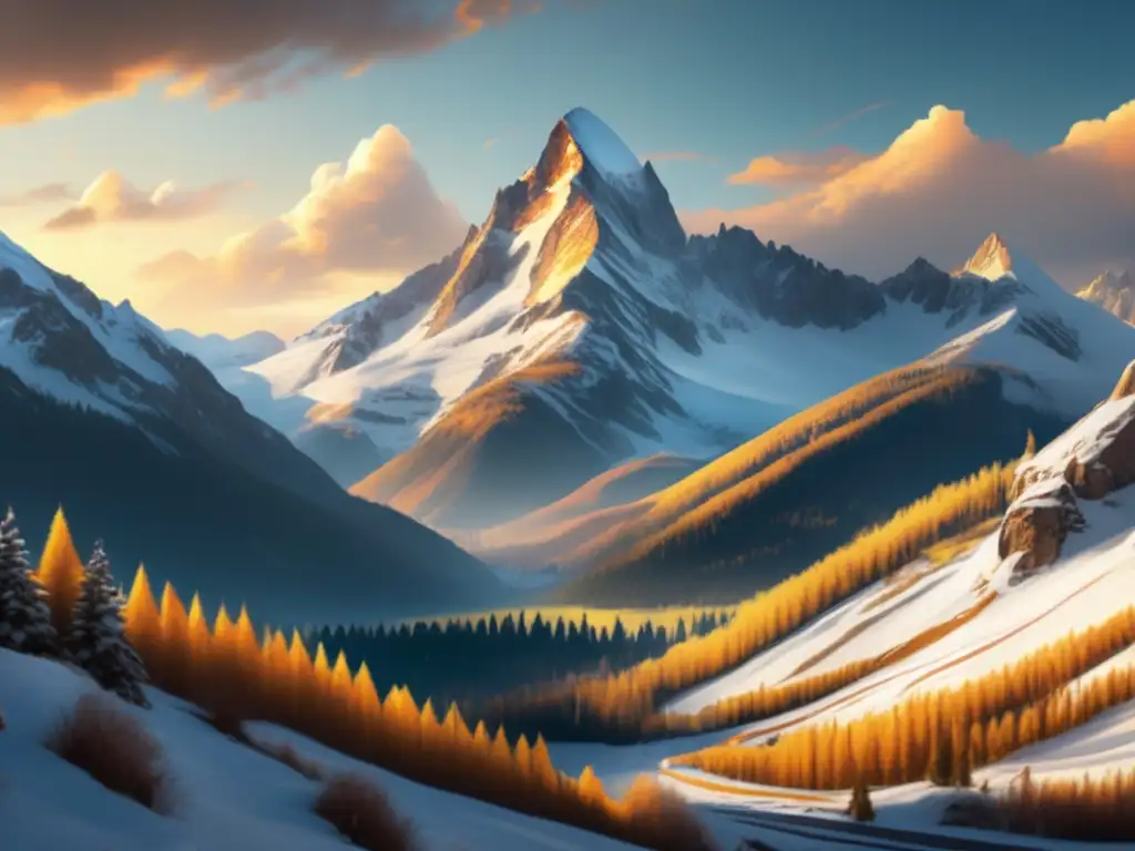 Majestuoso paisaje de montañas nevadas, invitando a la aventura Guía de viaje para seniors: destinos naturales emocionantes - Montañas nevadas, valles alpinos y senderos en una imagen 8k detallada y serena