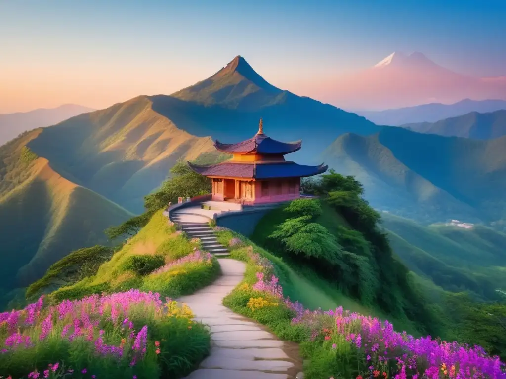 Templo sereno en montaña al amanecer Peregrinaciones espirituales para viajeros seniors en un majestuoso paisaje de montañas y templos coloridos