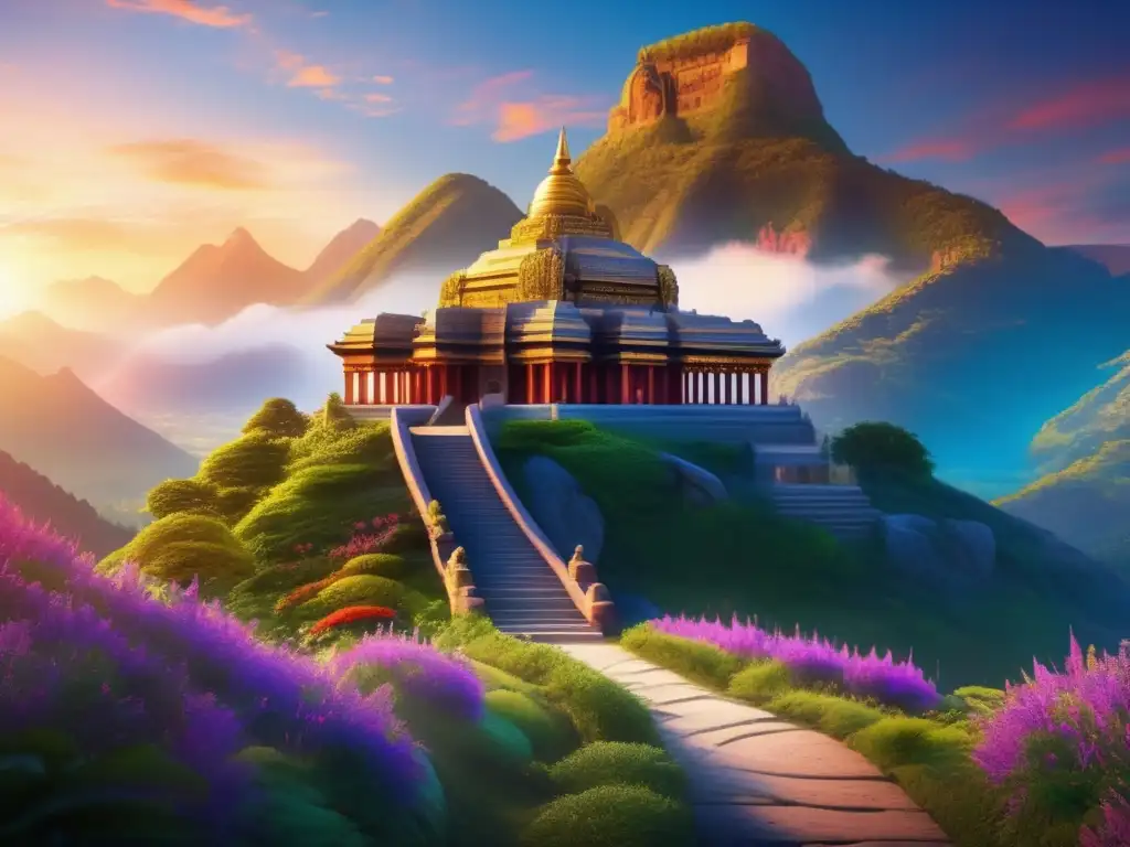 Paisaje montaña con templo antiguo en la cima Paisaje montaña al amanecer con templo antiguo, flora exuberante y colores vibrantes - Preparación para viajes espirituales seniors