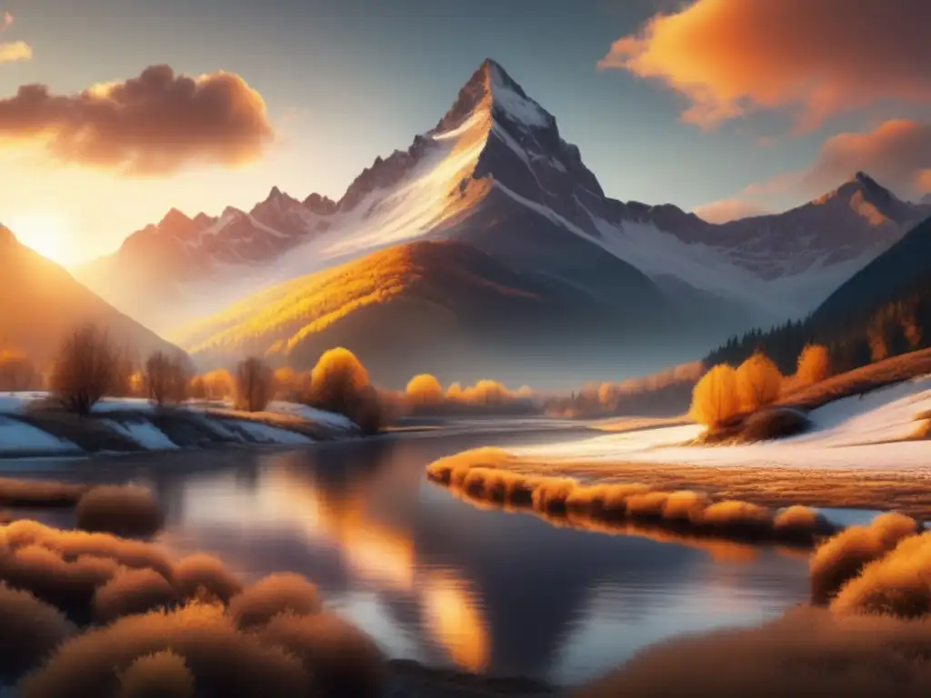 Paisaje montañoso al amanecer Viaje espiritual en montañas al amanecer: paisaje sereno, montañas majestuosas, río tranquilo, meditación en naturaleza