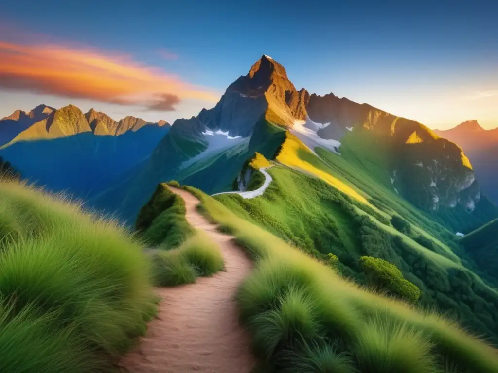Montaña serena iluminada al atardecer Viajes espirituales enriquecedores para adultos - Montaña serena iluminada por la puesta de sol, con picos majestuosos y sendero invitador