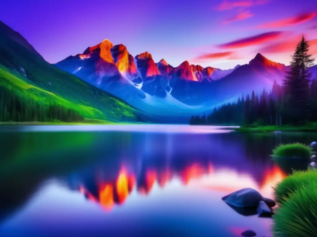 Montañas al atardecer Beneficios de la respiración profunda en viajes: Vista panorámica de montañas al atardecer, cielo colorido, lago tranquilo y figura meditando