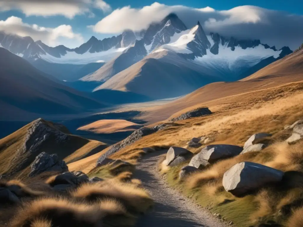 Paisaje montañoso con sendero y excursionistas Paisaje impresionante de montañas nevadas y senderistas, reflejando la emoción y seguridad del seguro de viaje para aventuras seguras