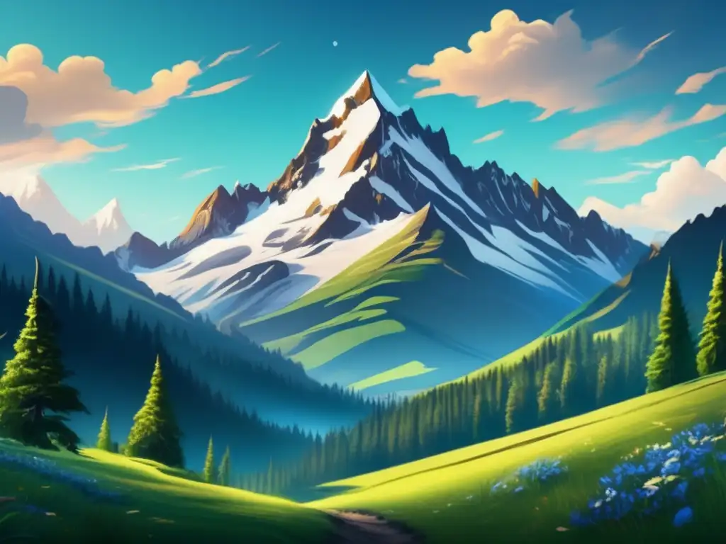 Impresionante paisaje montañoso: aventura y exploración Destinos emergentes para viajeros maduros: Paisaje montañoso sereno, con picos nevados, ríos y bosques verdes, invita a la aventura y exploración