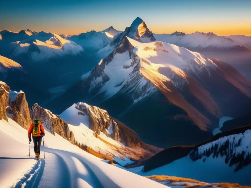 Majestuosos picos nevados y un hiker admirando Importancia actitud positiva viajes: Majestuosa vista aérea de una cordillera nevada con un sol radiante y un excursionista admirando el paisaje