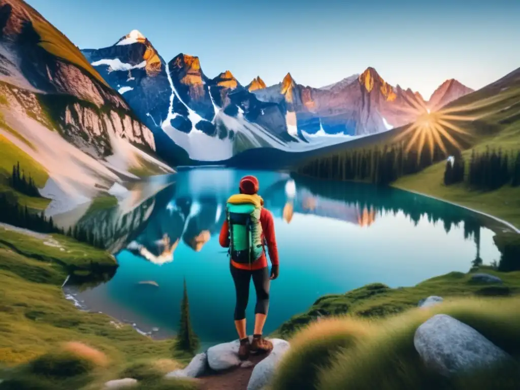 Impresionante paisaje montañoso al amanecer Paisaje montañoso al amanecer, hiker con botella de agua, naturaleza, aventuras, nutrición