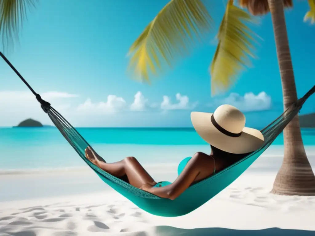 Mujer relajada en una hamaca en la playa: Estrategias para manejar la fatiga en viajes