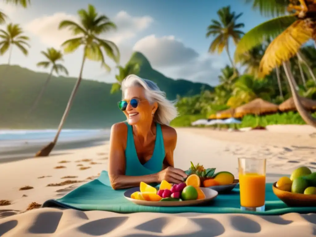 Madura disfruta de comida saludable en la playa Nutrición saludable para viajeros maduros: Mujer disfrutando de una comida en la playa
