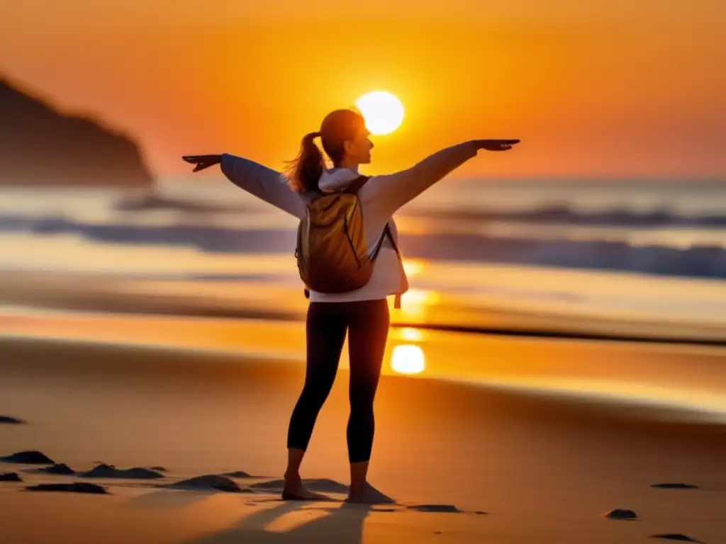 Viajero practicando ejercicios de estiramiento en la playa al atardecer Ejercicios para prevenir el jet lag en viajeros maduros en la playa al atardecer
