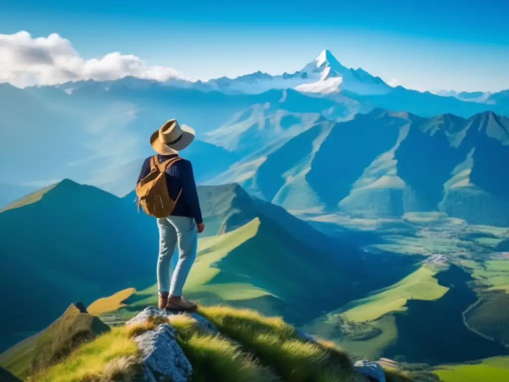 Beneficios seguro de viaje para viajeros maduros: explorador en montaña con paisaje impresionante