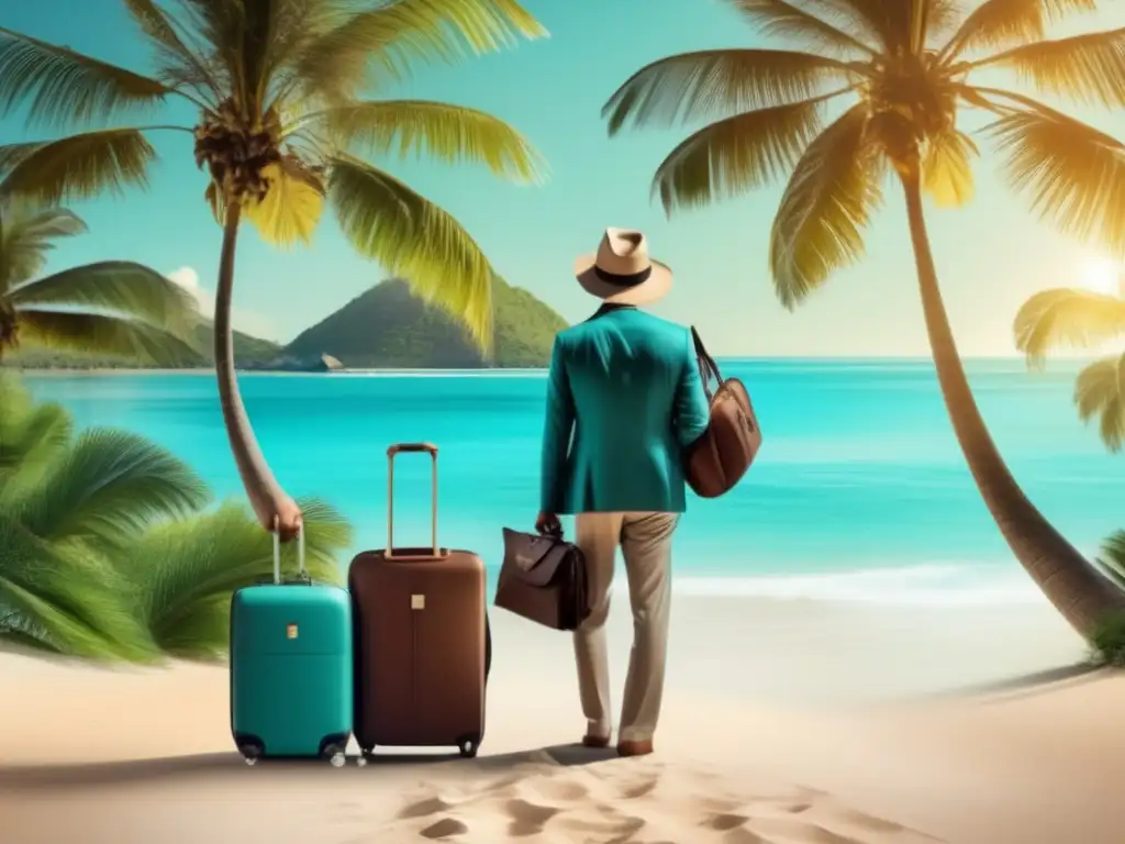 Viajero maduro en playa paradisíaca Consejos viajeros maduros en playa con turquesa cristalina y paisaje vibrante al atardecer