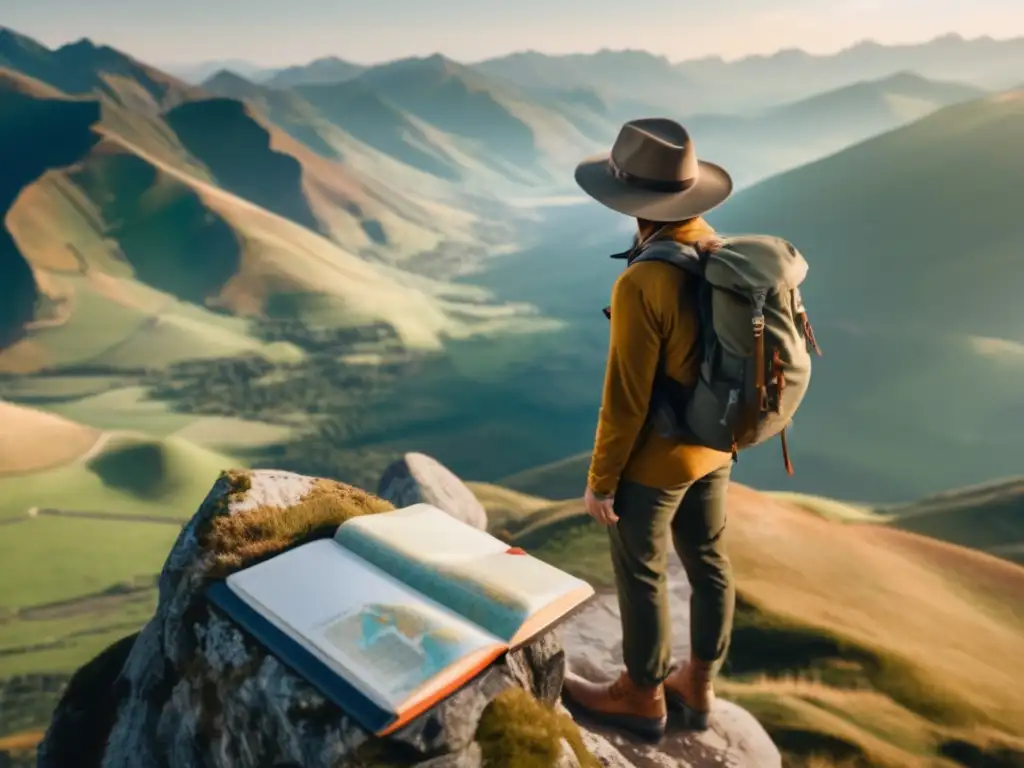 Viajero solitario en montaña Un viajero maduro en una montaña, con equipo de aventura, mapas y notas, bajo el cálido sol