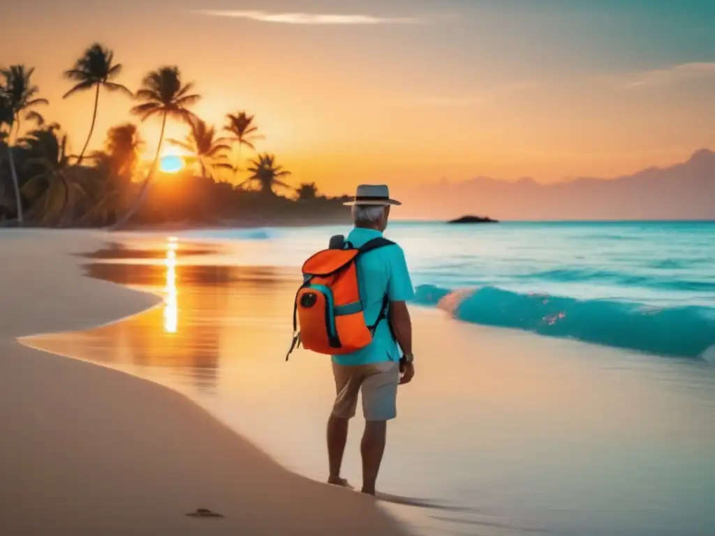 Viajero maduro en playa paradisíaca Consejos para viajar ligero y ahorrar: Viajero maduro en una playa pintoresca, atardecer vibrante, lleva mochila compacta