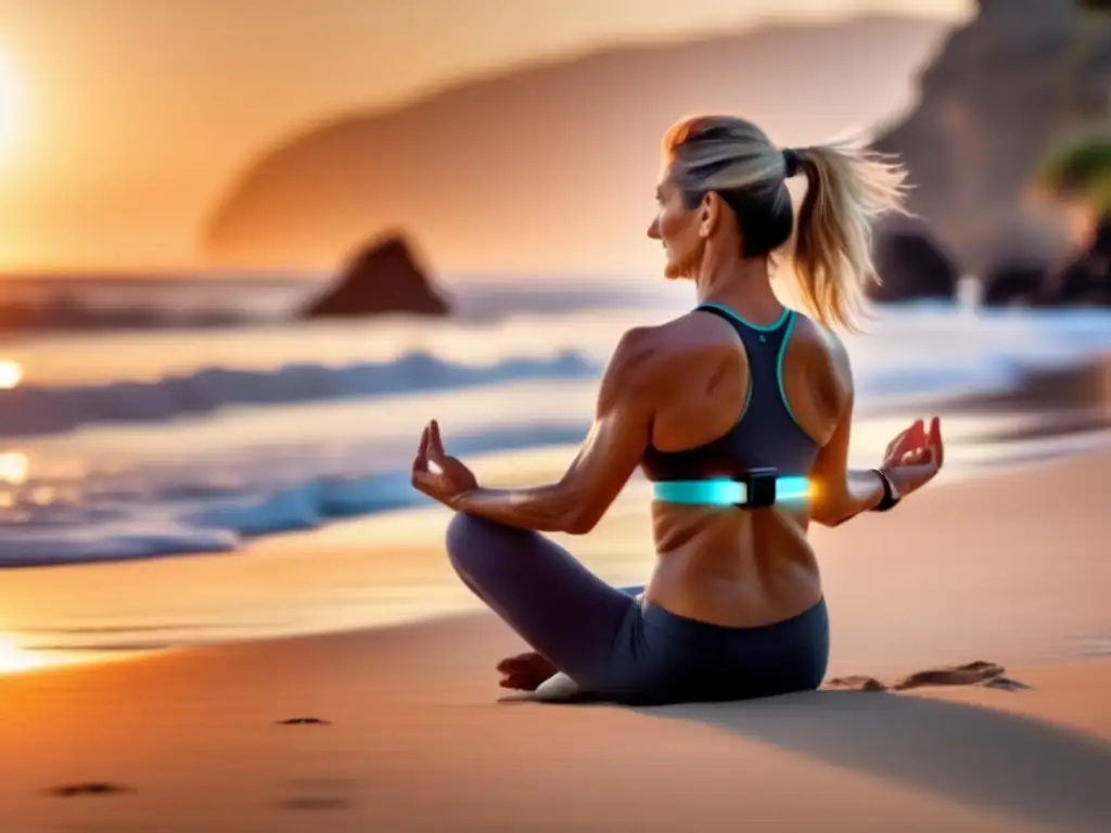 Viajero maduro haciendo yoga en la playa Viajero maduro practicando yoga en la playa al amanecer, con tecnología fitness y beneficios de la tecnología