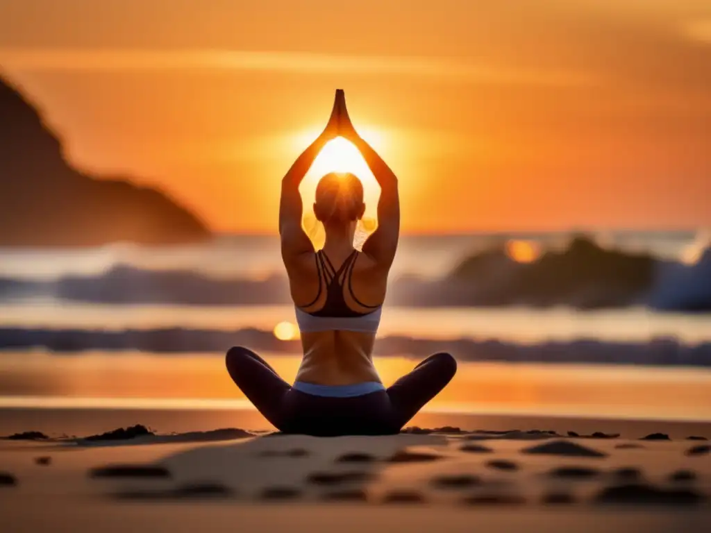 Viajero maduro practicando yoga en la playa al atardecer Rutina de ejercicio para viajeros maduros en una playa escénica al atardecer