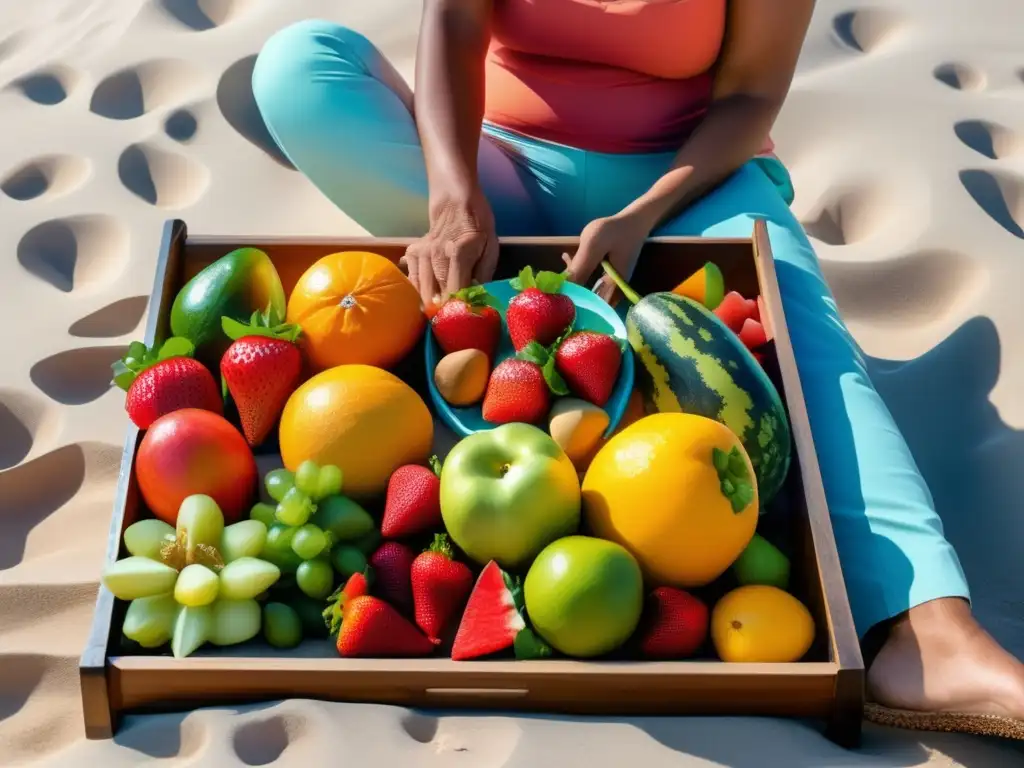 Viajero maduro rodeado de frutas, verduras y frutos secos en la playa Nutrición saludable para viajeros maduros en playa con frutas, verduras, nueces y agua turquesa