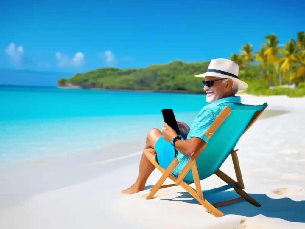 Viajero senior disfrutando la playa con su dispositivo Consejos para proteger dispositivos electrónicos seniors en vacaciones