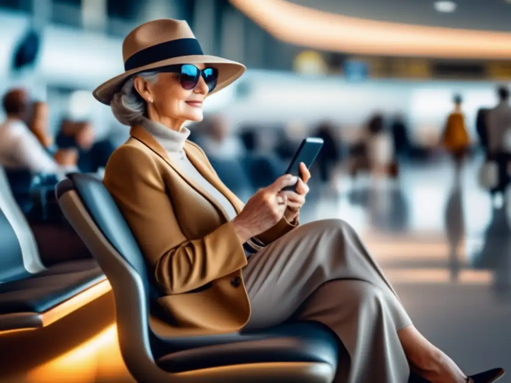 Viajera segura y empoderada en aeropuerto Viajera mayor segura y empoderada en aeropuerto: precauciones de seguridad para viajeros mayores en destinos extranjeros
