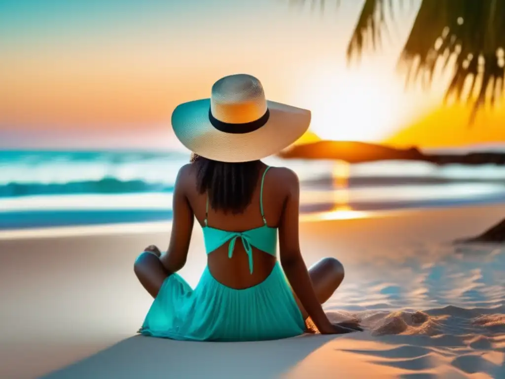 Mujer en playa con agua turquesa, atardecer y palmeras