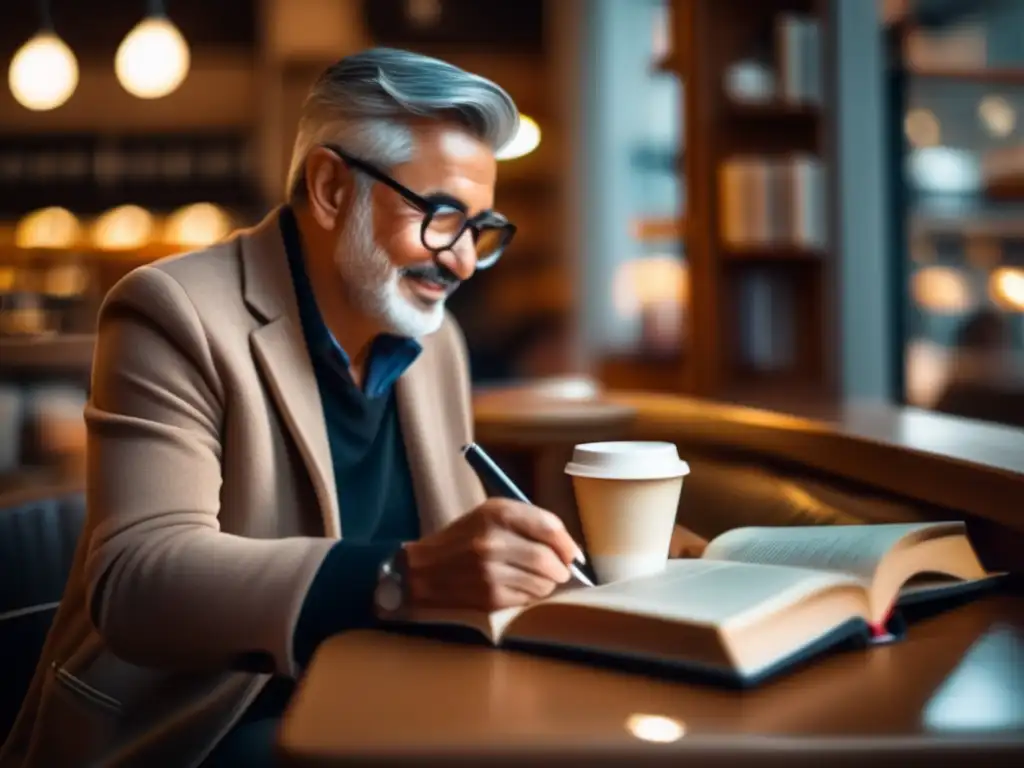 Viajero estudiando en café acogedor Preparación viaje lingüístico maduros: Viajero enfocado en el aprendizaje de idiomas en café acogedor