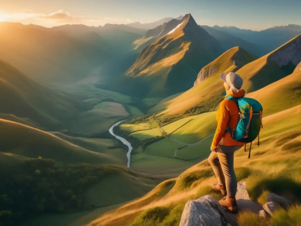 Viajero inspirado disfrutando del paisaje Viajero maduro con actitud positiva en paisaje montañoso