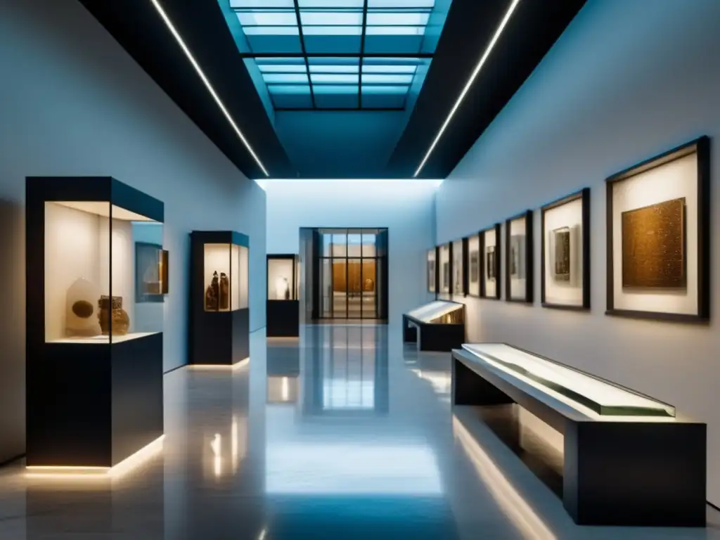 Hallway de museo moderno con artefactos históricos Rutas de herencia personalizadas en un moderno pasillo de museo con artefactos de distintas épocas y luz natural