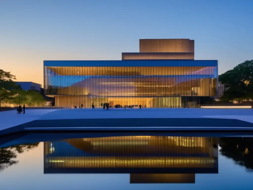 Museo del Bronx al atardecer Museo de Arte del Bronx en la noche, con arquitectura moderna iluminada y visitantes mayores disfrutando del arte