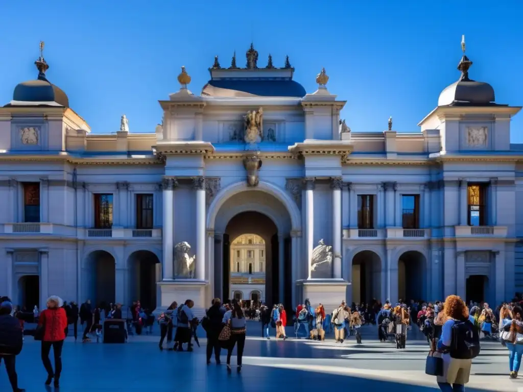 Impresionante entrada al Museo del Prado Museo del Prado - Entrada majestuosa, cielo azul, turistas seniors entusiasmados