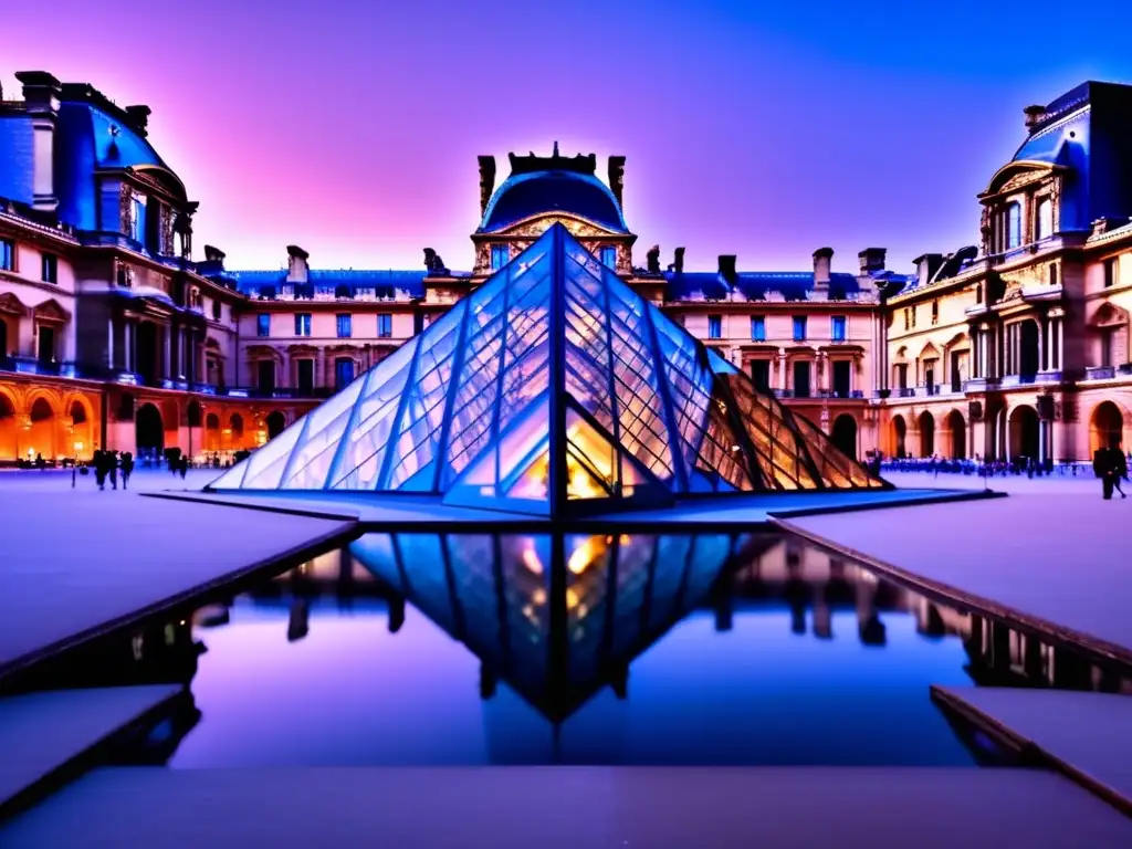 Vista impresionante del Museo del Louvre al anochecer Museo del Louvre, vista espectacular al atardecer