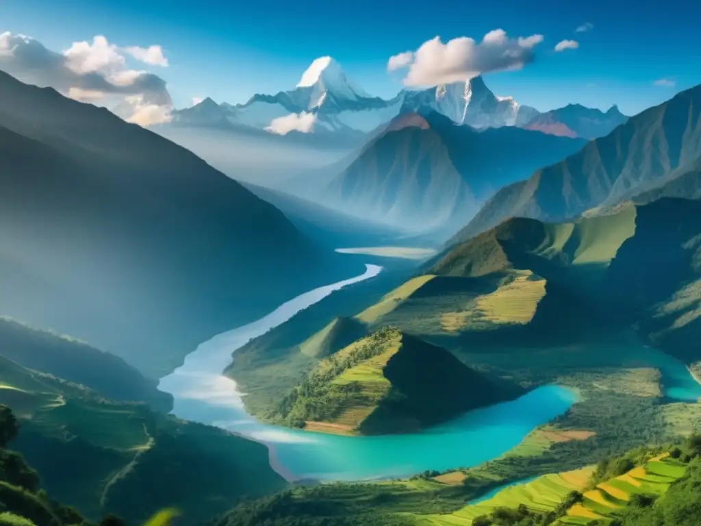 Hermoso paisaje montañoso en Nepal Retiros de meditación en Nepal: Paisaje sereno de montañas y río en los Himalayas