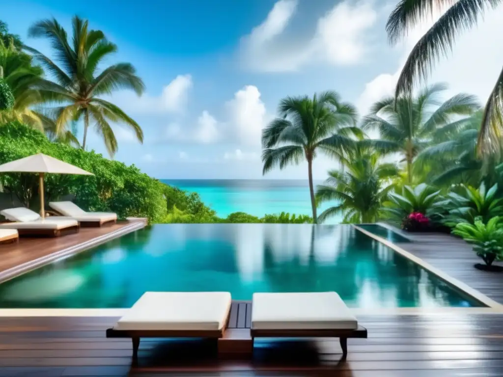 Oasis sereno en medio de la naturaleza Un oasis sereno rodeado de vegetación exuberante, con piscina cristalina, deck de madera, plantas tropicales y palmeras