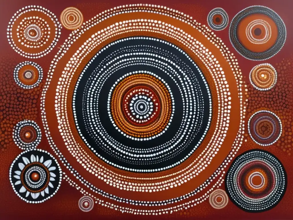 Arte aborigen australiano: detalles en 8k Experiencias culturales en Australia: arte aborigen detallado de 8k en fondo rojo ochre