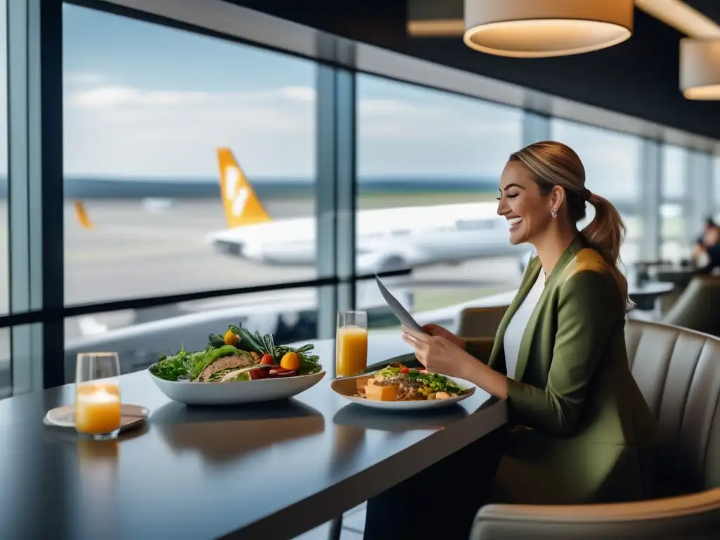 Opciones saludables en restaurante de aeropuerto Consejos alimentación saludable viajes: Viajero sonriente disfruta de menú saludable en moderno restaurante de aeropuerto