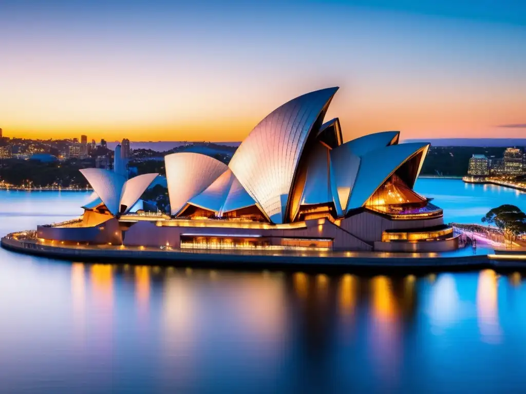 Icono Sydney Opera House al atardecer Recorriendo Sidney con tranquilidad, la majestuosidad de la Ópera iluminada por el sol y reflejada en el agua