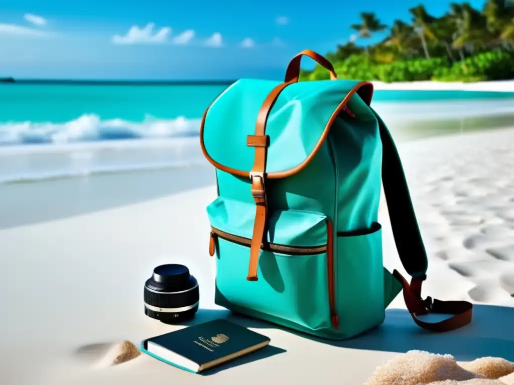Mochila de viaje organizada y segura Embalaje seguro para viajeros maduros con mochila organizada y cubierta impermeable en playa paradisíaca