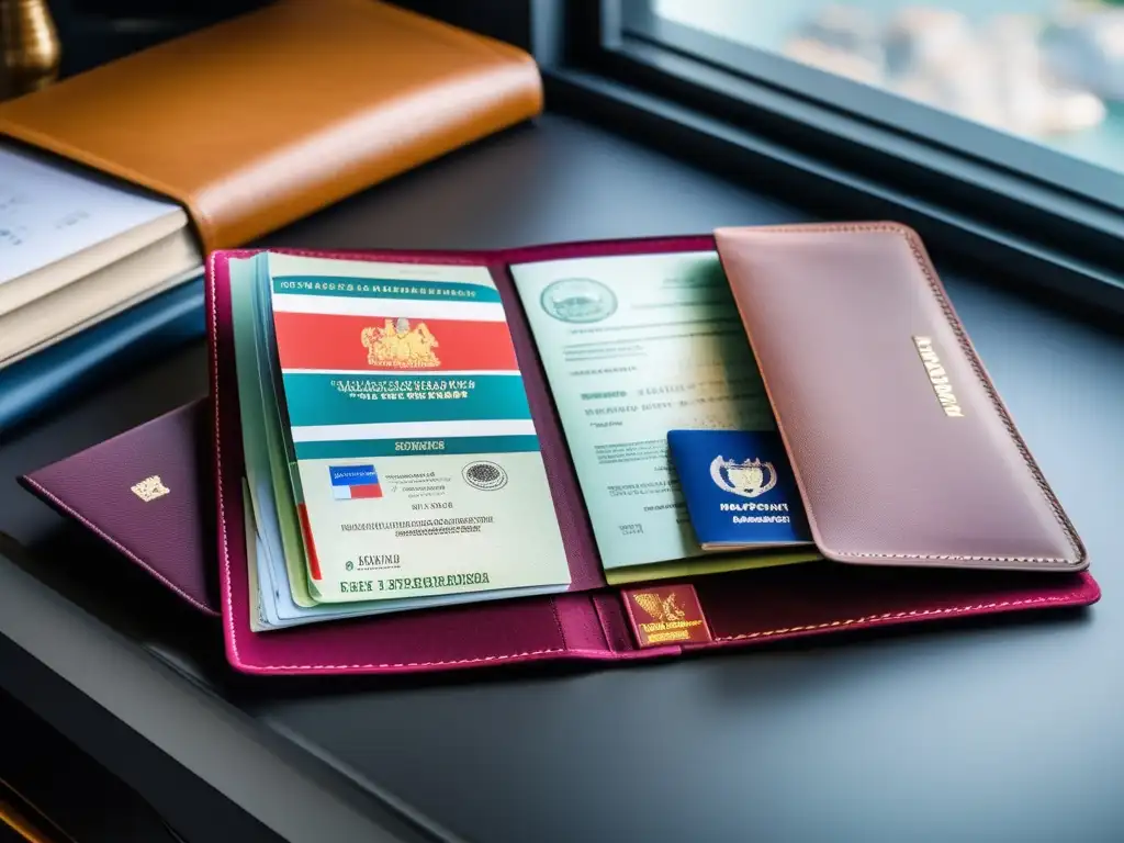 Documentos de viaje organizados y detallados Documentación viaje maduros: Carpeta de viaje organizada con pasaportes, visas y seguro de viaje