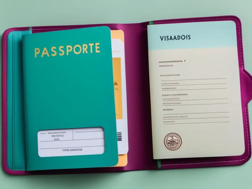 Folder de documentos de viaje organizados: Pasaporte, Visados, Identidad