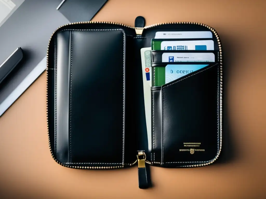 Organizador de viaje elegante de cuero negro con compartimentos y documentación para viajes seguros adultos