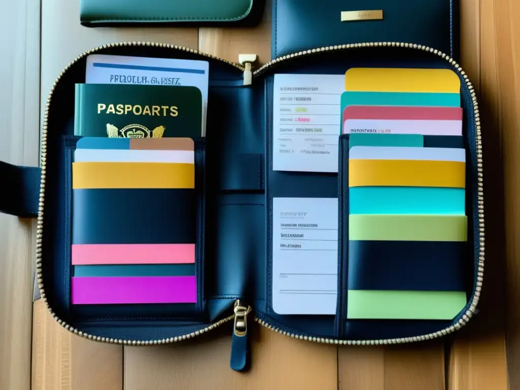 Consejos para organizar documentación de viaje: organizador de viaje elegante y moderno en una mesa de madera