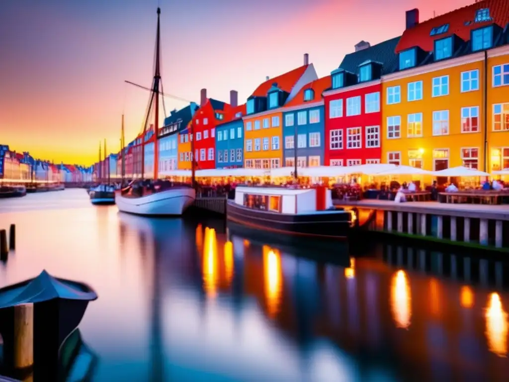 Nyhavn, Copenhagen: Atardecer y accesibilidad Nyhavn, Copenhague: hermoso atardecer en el icónico paseo marítimo con edificios históricos y accesibilidad para viajeros con movilidad reducida