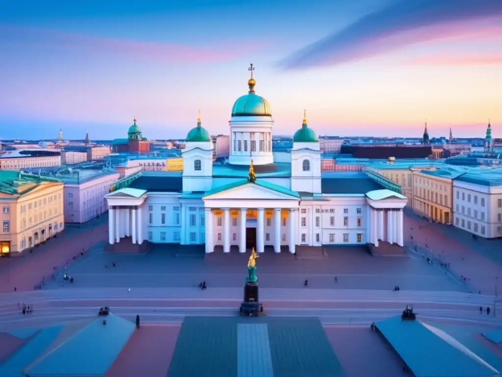 Senado de Helsinki al atardecer Experiencias en Helsinki para viajeros maduros - Vista impresionante de la Plaza del Senado, con la Catedral de Helsinki en el centro y la belleza de la ciudad al atardecer