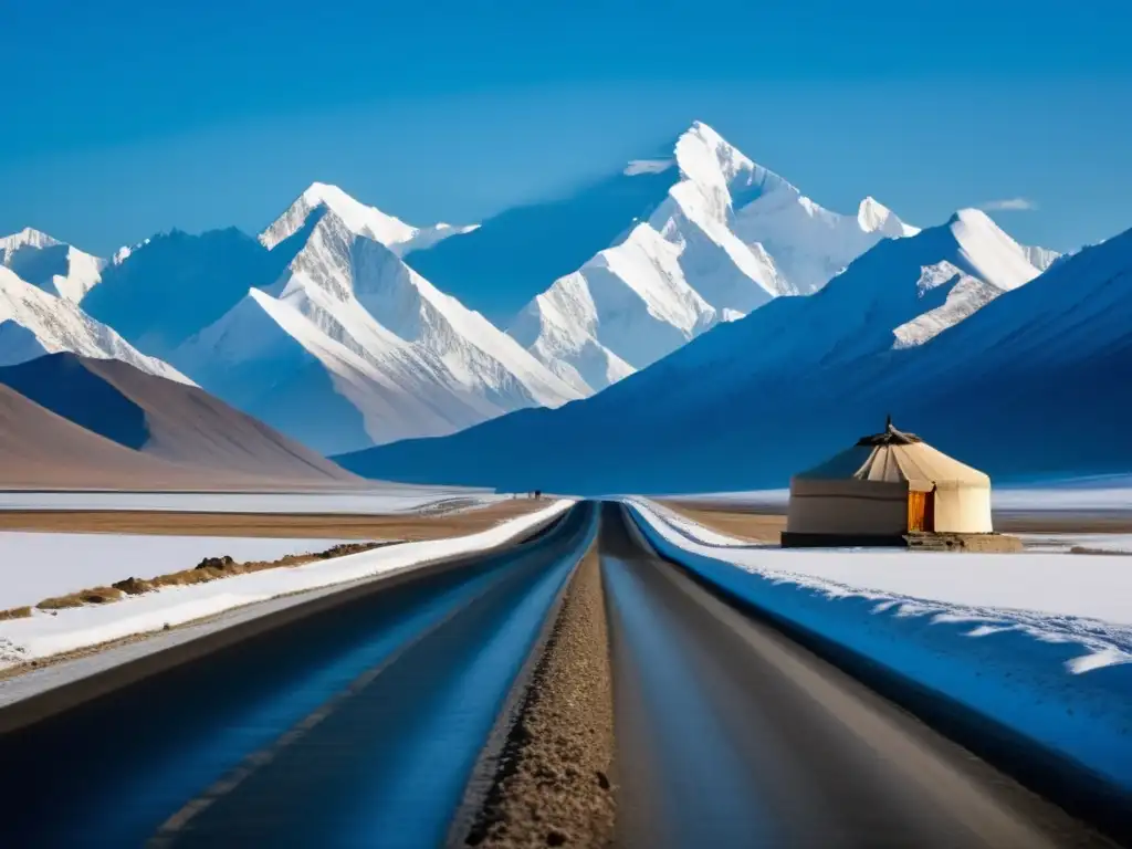 Vista impresionante de las montañas Pamir Viajes culturales en Asia Central: vistas impresionantes de las montañas Pamir, camino sinuoso, yurtas tradicionales, belleza y herencia cultural