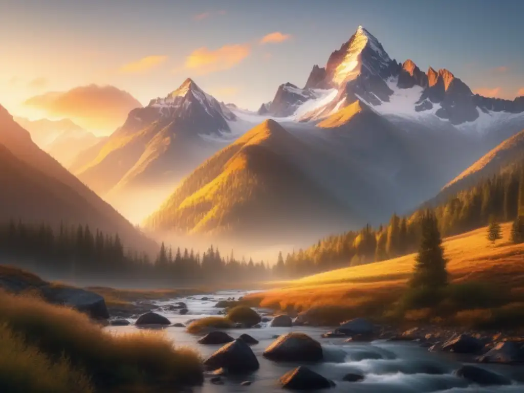 Paisaje montañoso sereno al amanecer Consejos para viajeros maduros: Impresionante paisaje montañoso al amanecer, con picos nevados, ríos y una figura en meditación