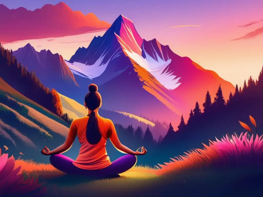 Paisaje de montaña al atardecer con yoga Paisaje montañoso al atardecer, meditación en movimiento (Beneficios de meditar durante los viajes)