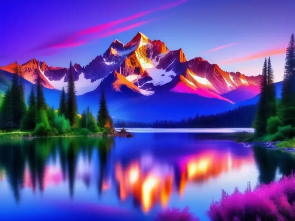 Paisaje montañoso al atardecer Paisaje montañoso al atardecer con colores vibrantes y reflejo en lago