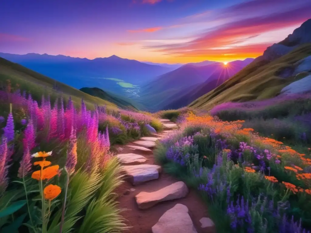 Un paisaje montañoso sereno y vibrante Paisaje montañoso sereno con sendero de flores