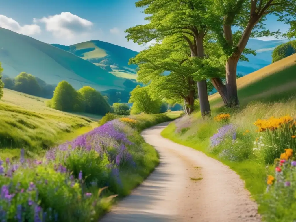 Camino sereno y seguro para peregrinaje de adultos mayores Un sendero sereno y pintoresco para caminar en un día soleado, rodeado de árboles verdes y flores silvestres